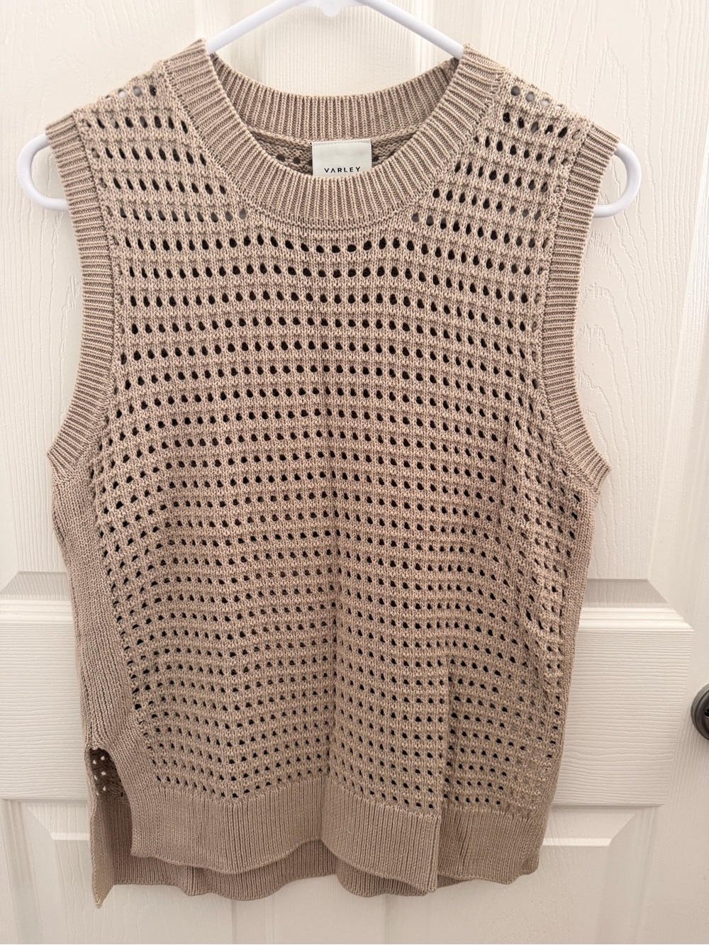 Varley Beige Open-Knit Sleeveless Crewneck Sweater Vest